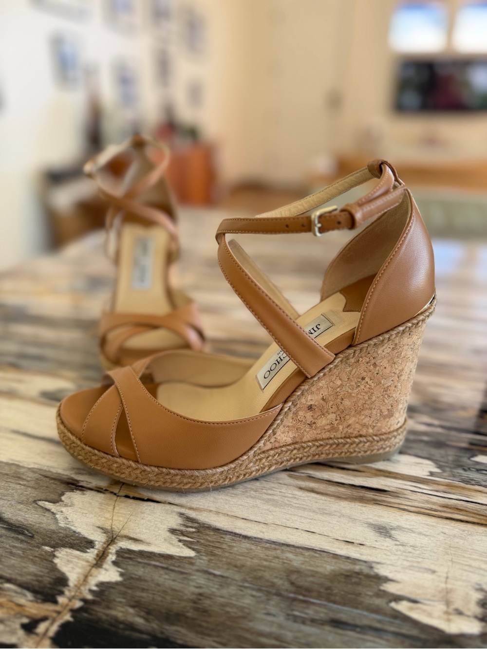 Jimmy Choo Alanah 105 Leather Wedge Sandals SZ 38 💎🤎👡
